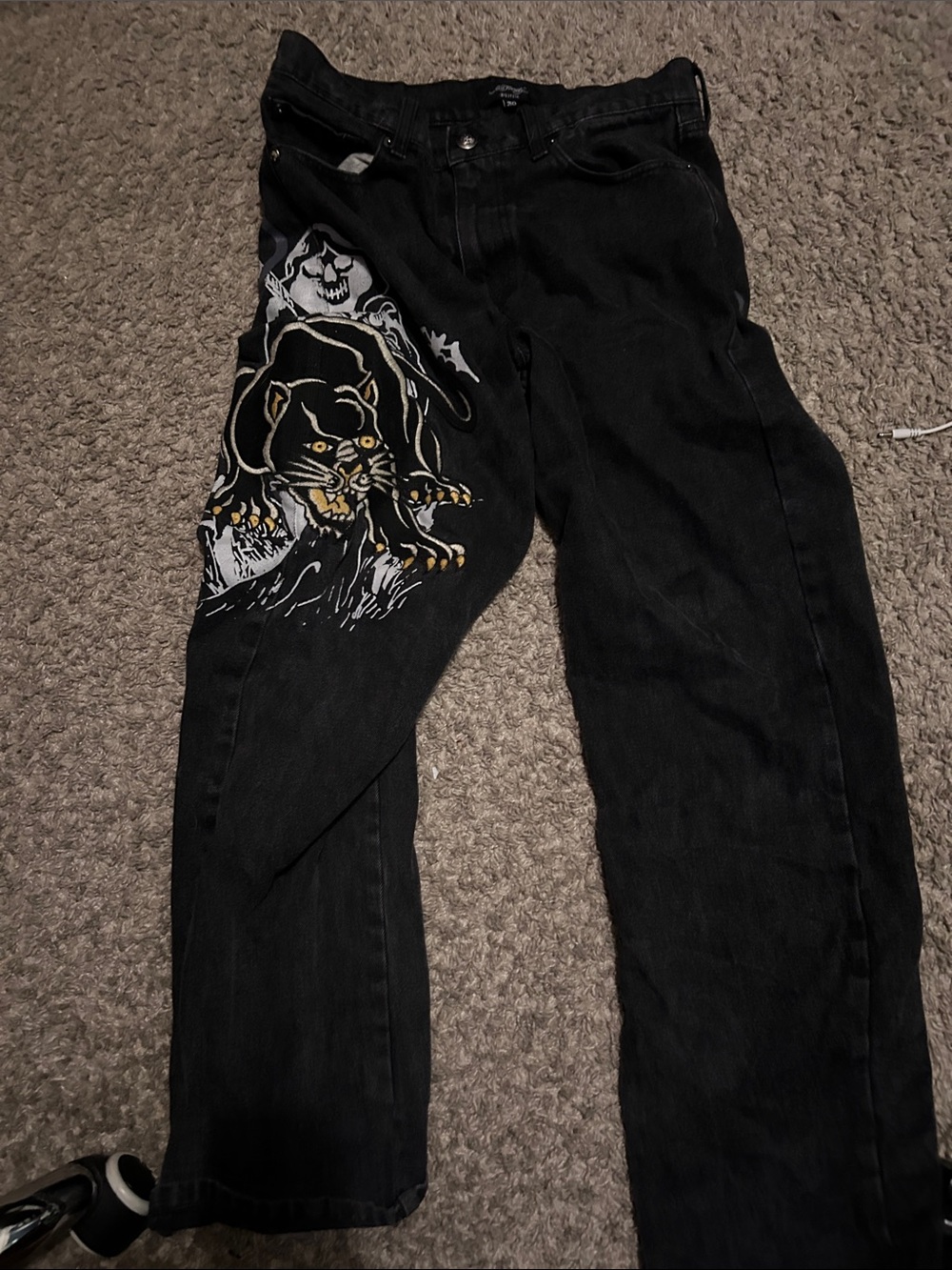 Ed Hardy Black Jeans with Panther and Skull Graphic